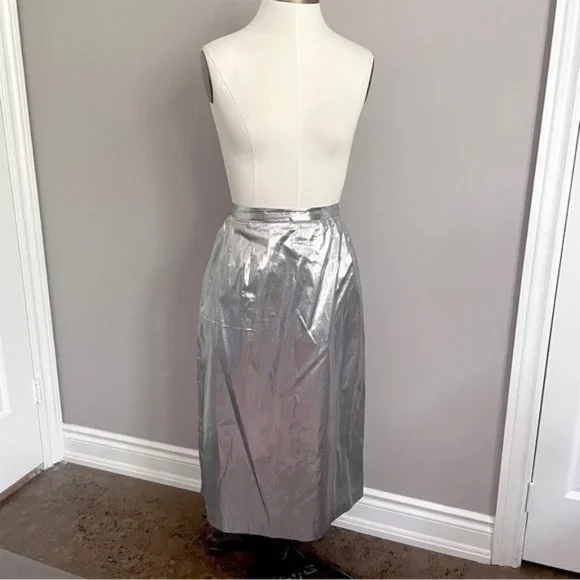 Vintage 70s Silver Metallic Tissue Lamé Lined Midi Party Skirt - M/28-29" - Picture 2 of 9